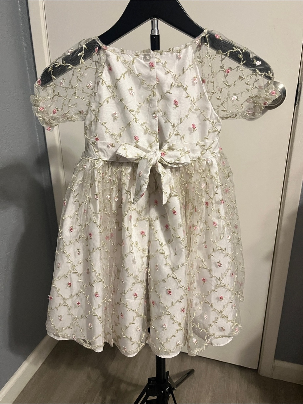 Pastourelle White Dress with Pink Floral Embroidery and Bow